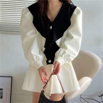 Francoski Retro Mini Obleka Korejski Kontrastu Ogrlicom Ovratnik Pearl Gumb Svoboden Mehurček Rokav Obleka, Modni Črno Bel Vestidos